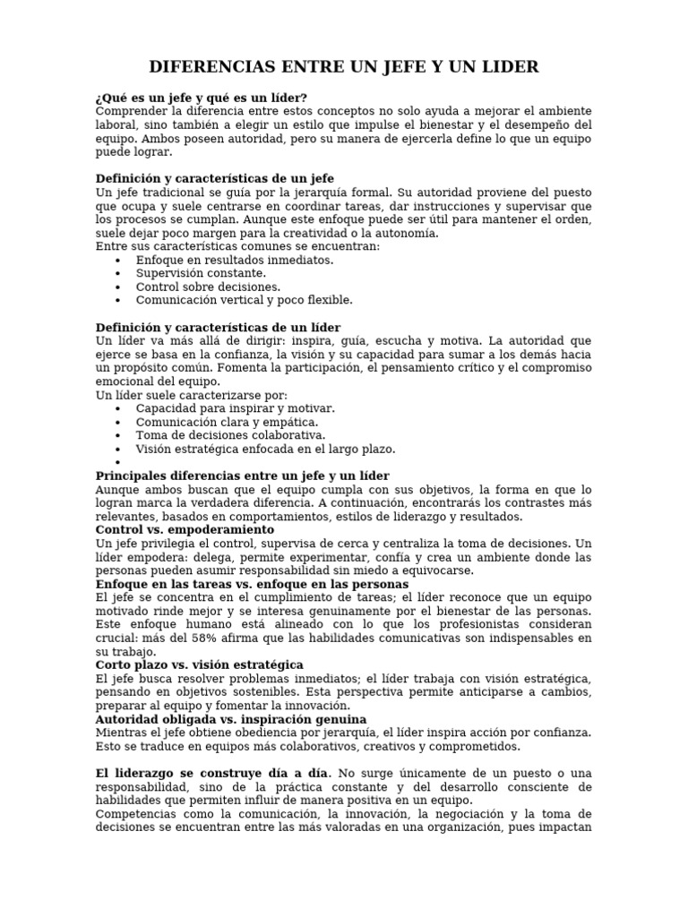 Diferencias Entre Un Jefe y Un Lider | PDF | Liderazgo | Toma de decisiones