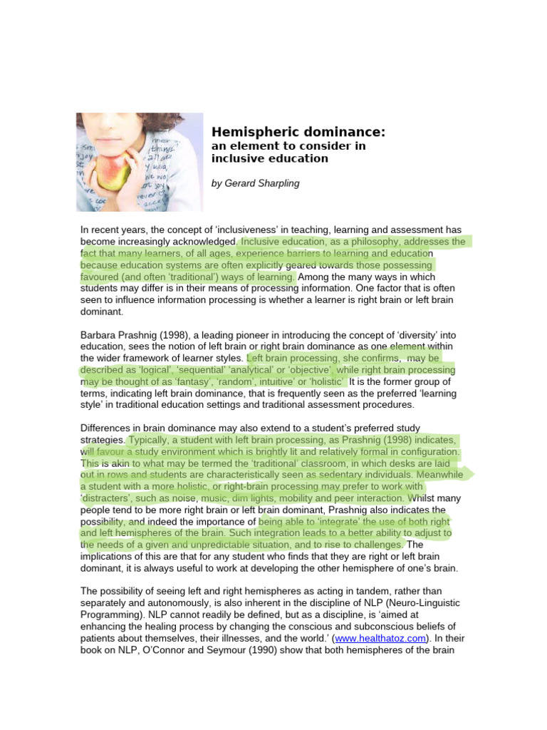 Hemispheric - Dominance - Sharpling - Kopia | PDF | Lateralization Of ...