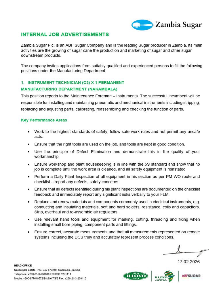 Internal Advert - Multiple Roles Under Manufacturing 17.02.2026 | PDF