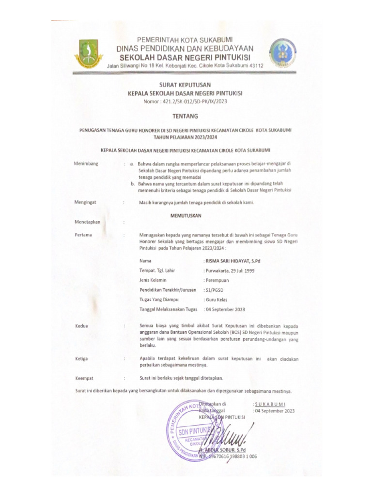 Risma Sari Hidayat-SK SDN Pintukisi | PDF