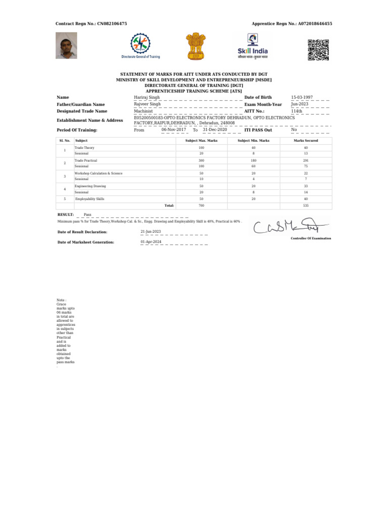Hari Raj Nac Mark Sheet Cert | PDF | Apprenticeship | Career And ...