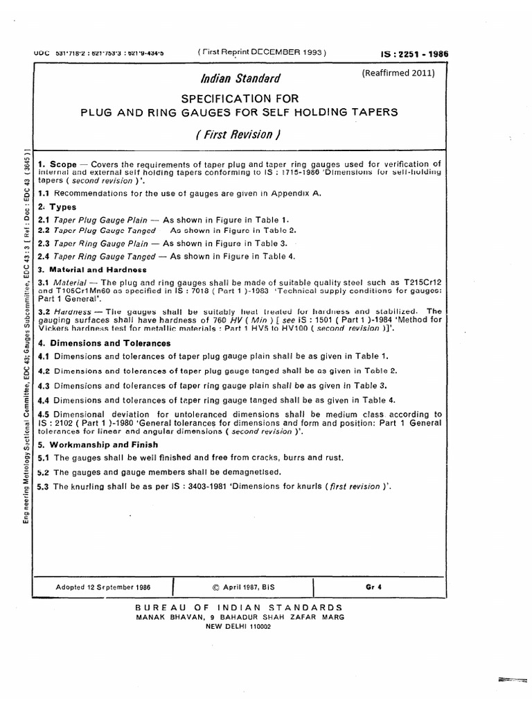 Plain Taper Gauge IS - 2251 - 1986 | PDF | Metalworking