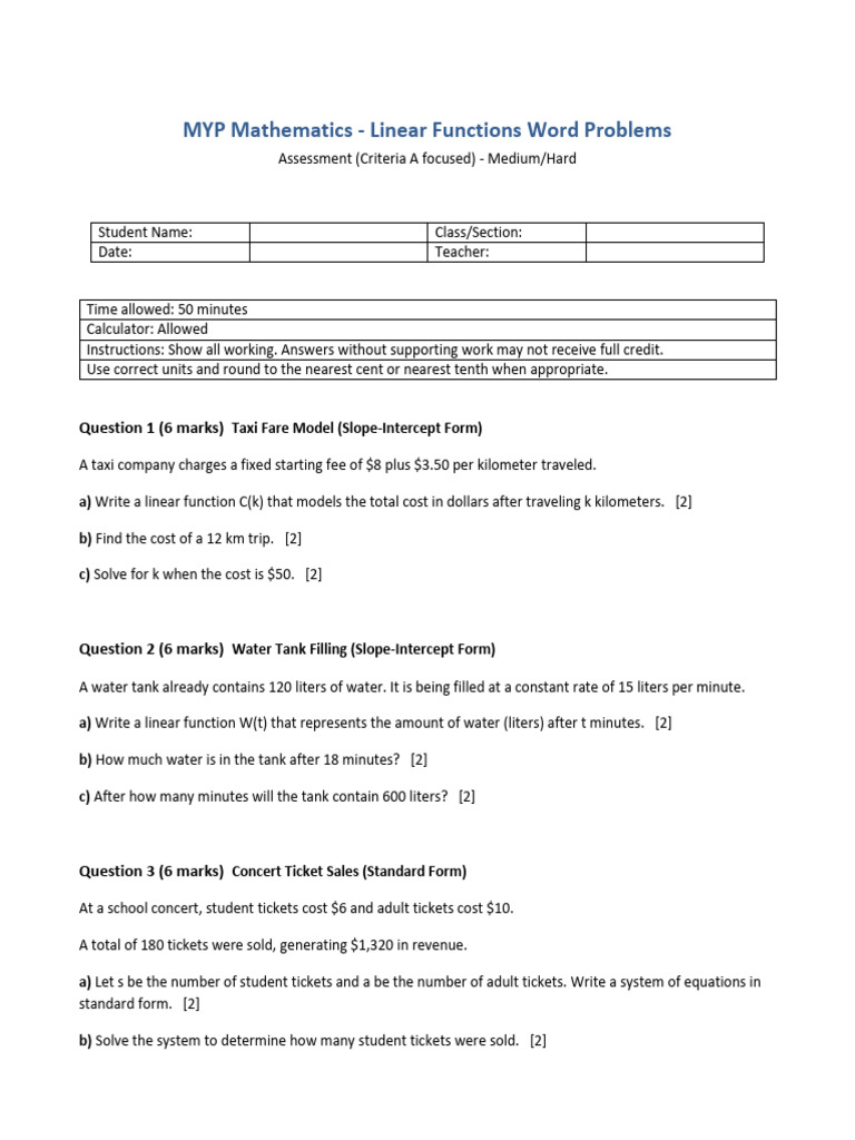 MYP Linear Functions Assessment | PDF | Mathematics