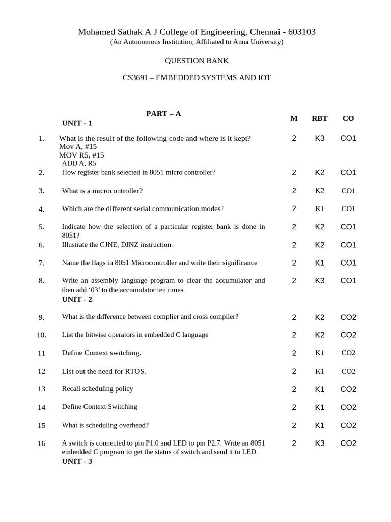 CS3691 - QB - EMBEDDED - SYSTEMS - AND - IOT Updated by Dr. M. Ramya ...