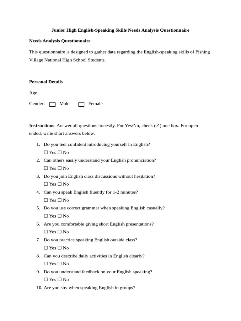 Needs Analysis Questionnaire | PDF | English Language | Chess Openings