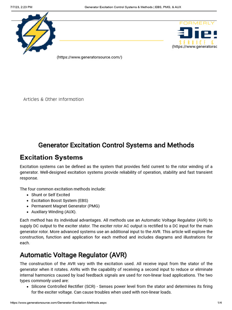 Generator Excitation Control Systems & Methods - EBS, PMG, & AUX | PDF ...