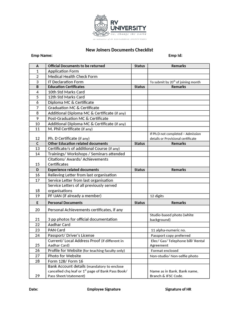 New Joiners Documents Checklist | PDF | Access Control | Government And ...