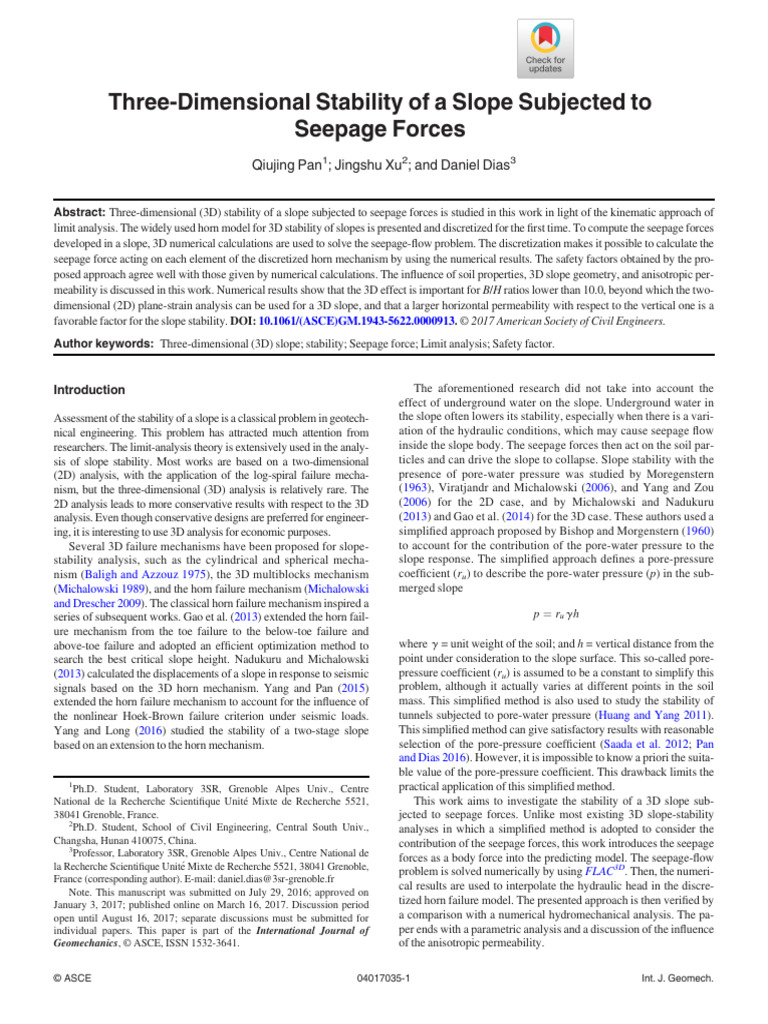 Pan Et Al 2017 Three Dimensional Stability of A Slope Subjected To ...
