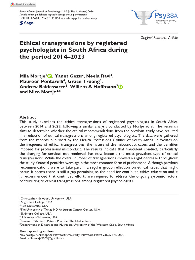 Ethical Transgressions by SA Psychologists - Nortje Et Al., 2026 | PDF ...