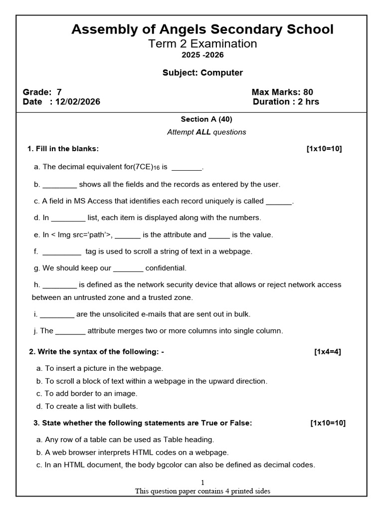 Computer Class 7 2nd Term Question | PDF | Html | Computing