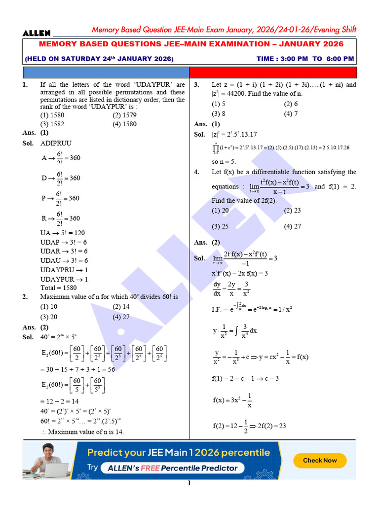 24.01.26 Shift-2 Maths | PDF | Mathematical Objects | Mathematical Analysis