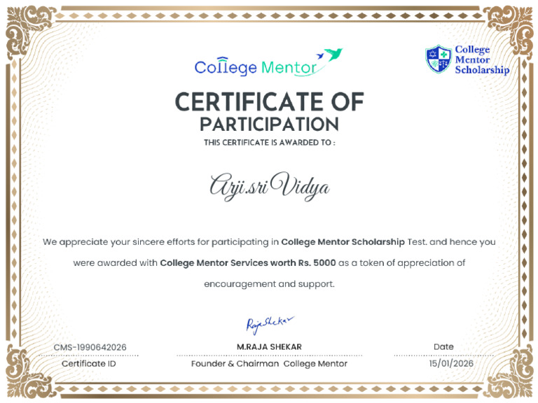 Collegementorscholarship 2026 Certificate Arji - Sri Vidya 1990642026 | PDF