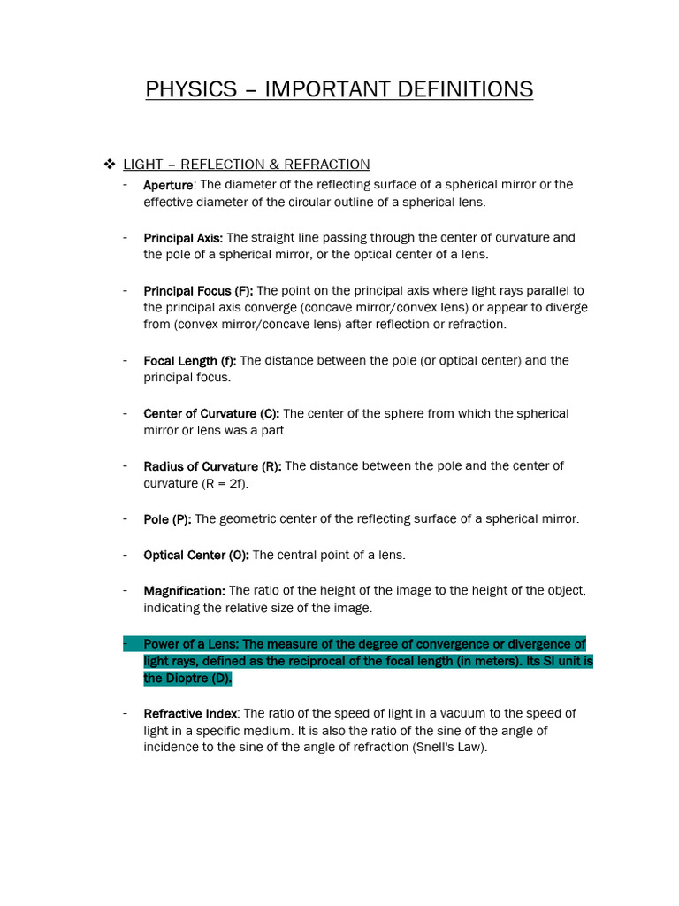 Physics - Important Definitions | PDF | Electric Current | Optics
