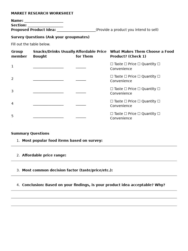 Market Research Worksheet | PDF