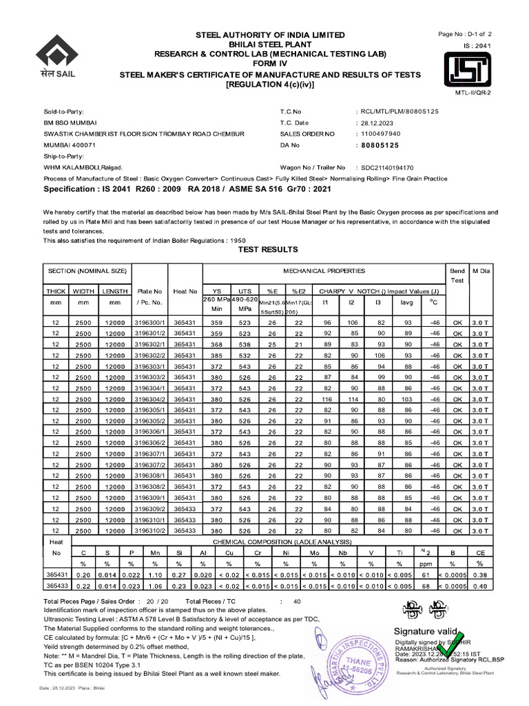 Specification: IS 2041 R260: 2009 RA 2018 / ASME SA 516 Gr70: 2021 ...