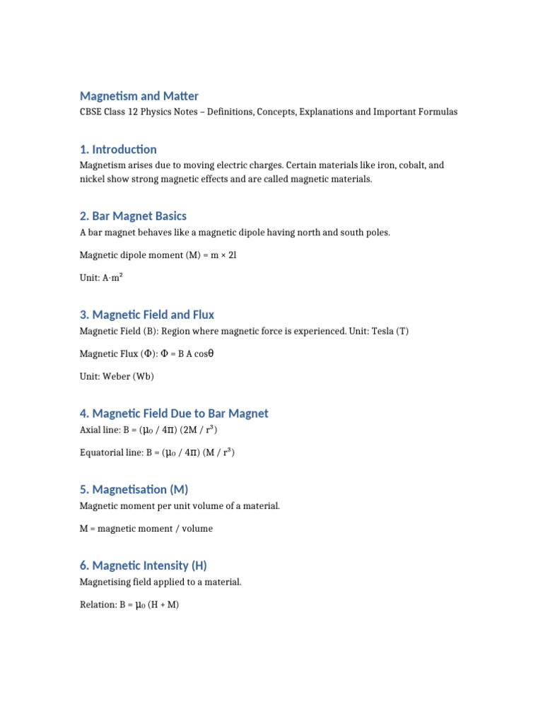 Magnetism and Matter CBSE 12 Notes | PDF
