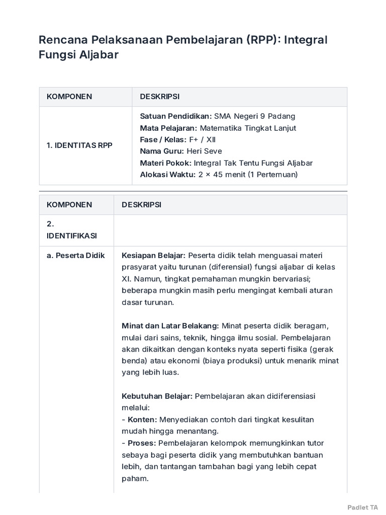 Contoh RPP DEEP LEARNING (INTEGRAL) | PDF