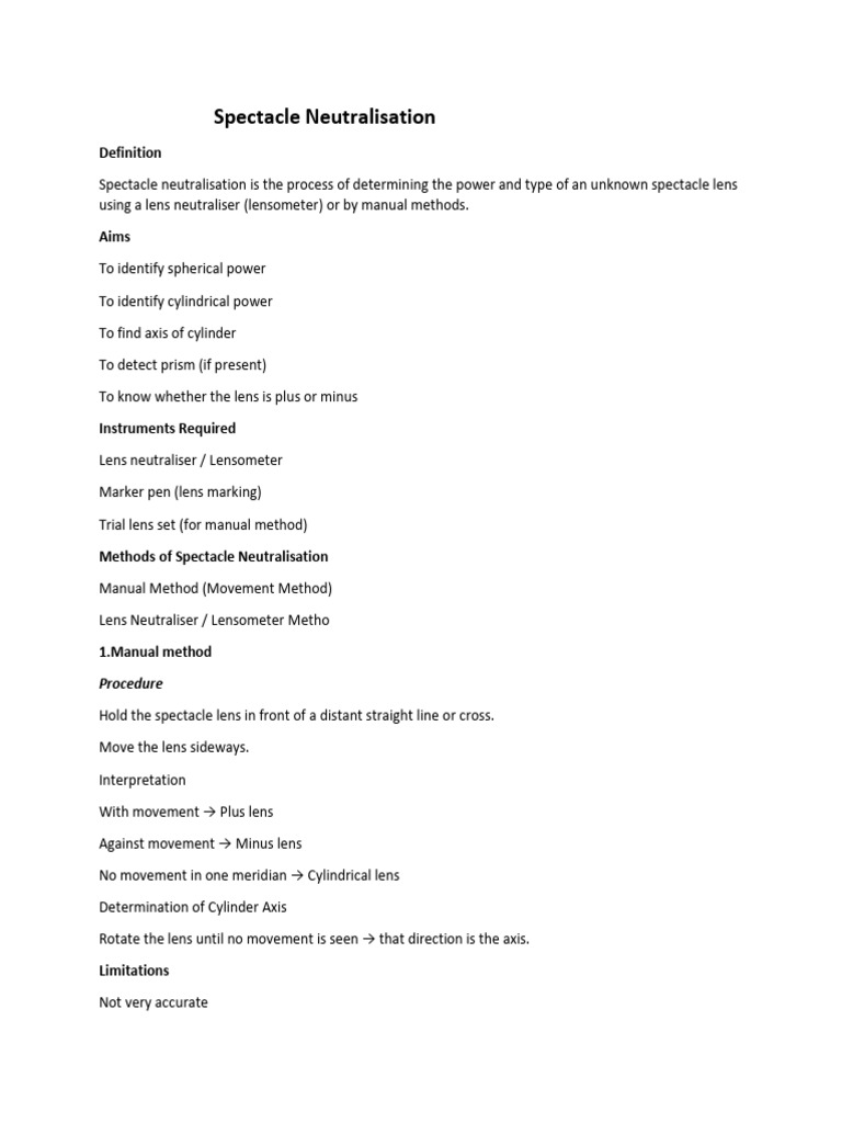 Spectacle Neutralisation: Procedure | PDF