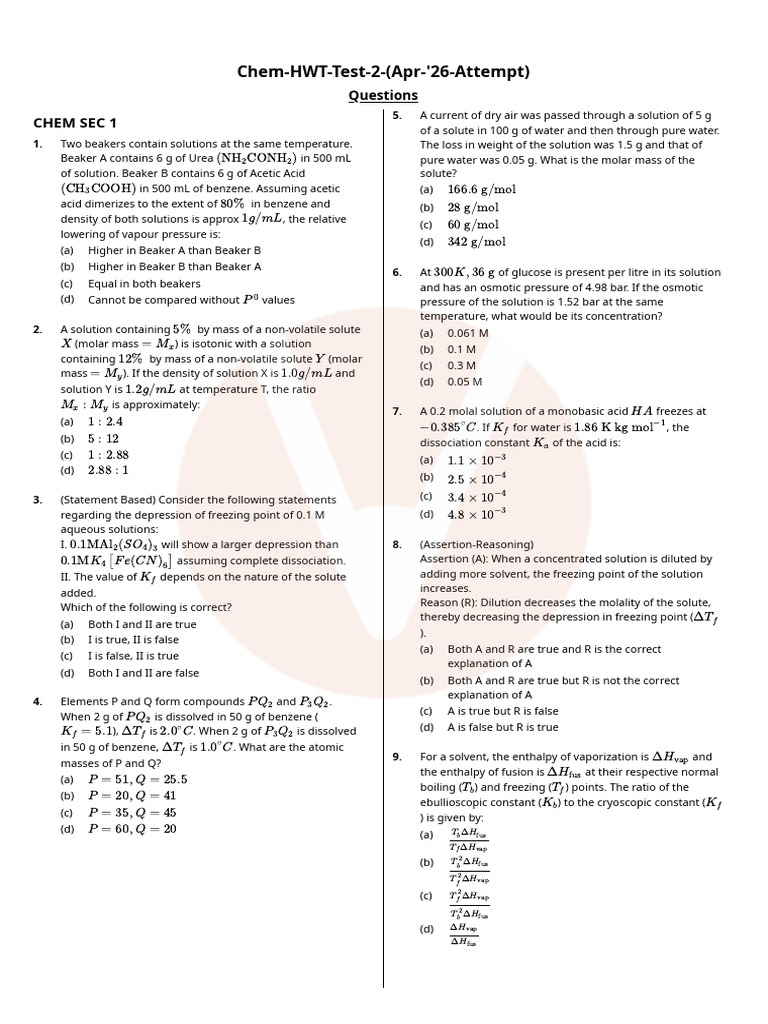 Chem HWT Test 2 (Apr '26 Attempt) | PDF | Dissociation (Chemistry ...
