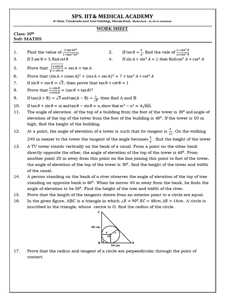 Maths Work Sheet (10 TH) | PDF | Circle | Area