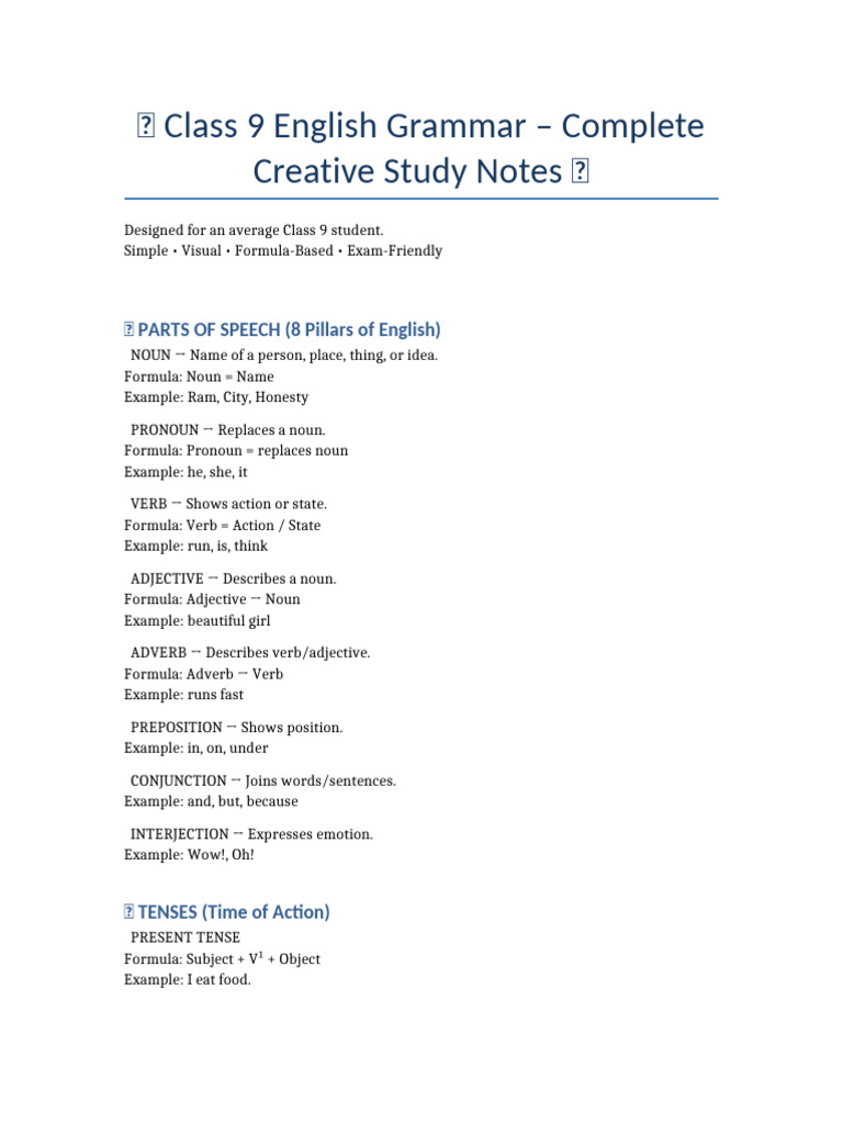 Class 9 English Grammar Creative Notes | PDF