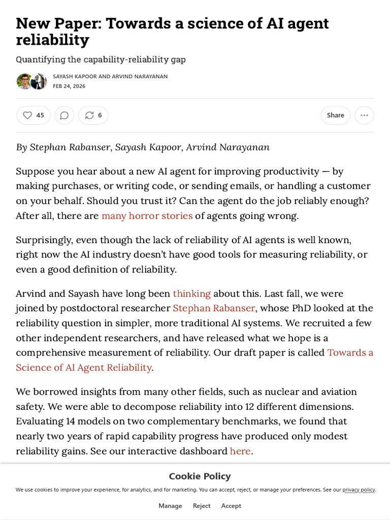 New Paper - Towards A Science of AI Agent Reliability | PDF ...