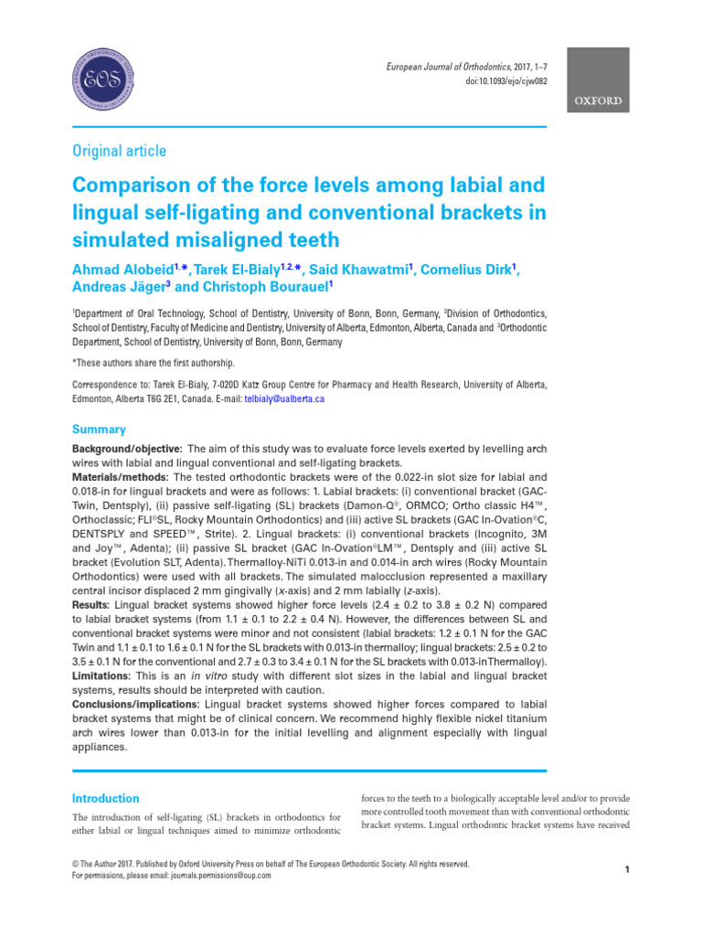 Comparison of The Force Levels Among Labial and | PDF | Orthodontics ...