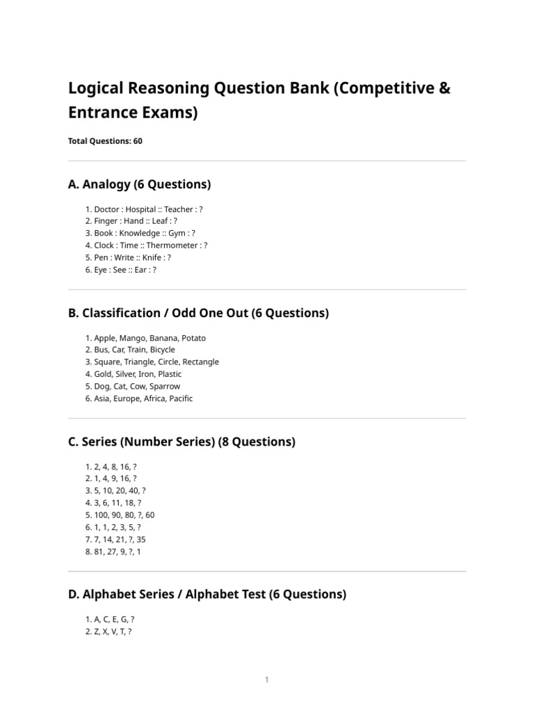 Logical Reasoning - Competitive Exam Question Bank | PDF