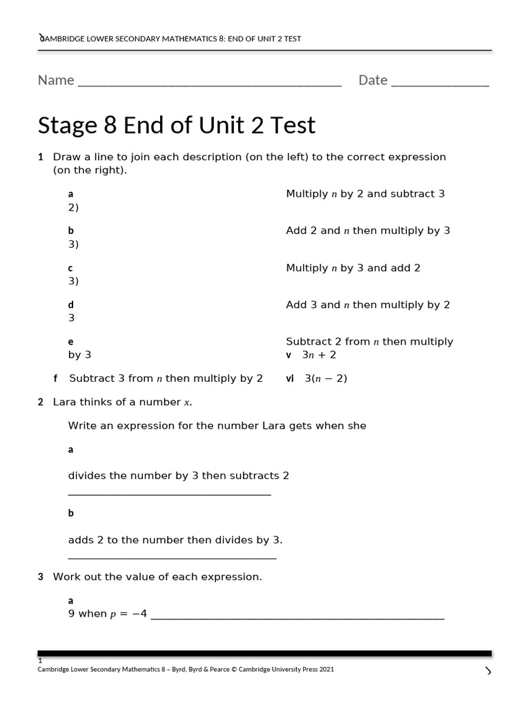 Stage 8 End of Unit 2 Test | PDF | Equations | Mathematical Concepts