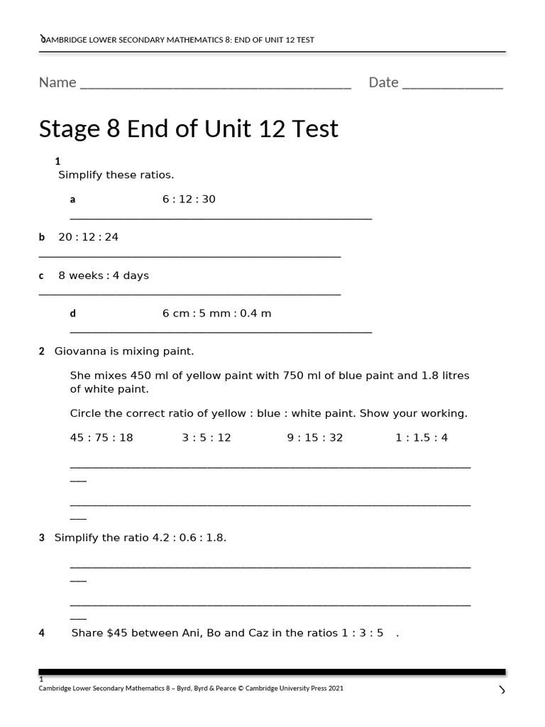 Stage 8 End of Unit 12 Test | PDF | Ratio | Juice