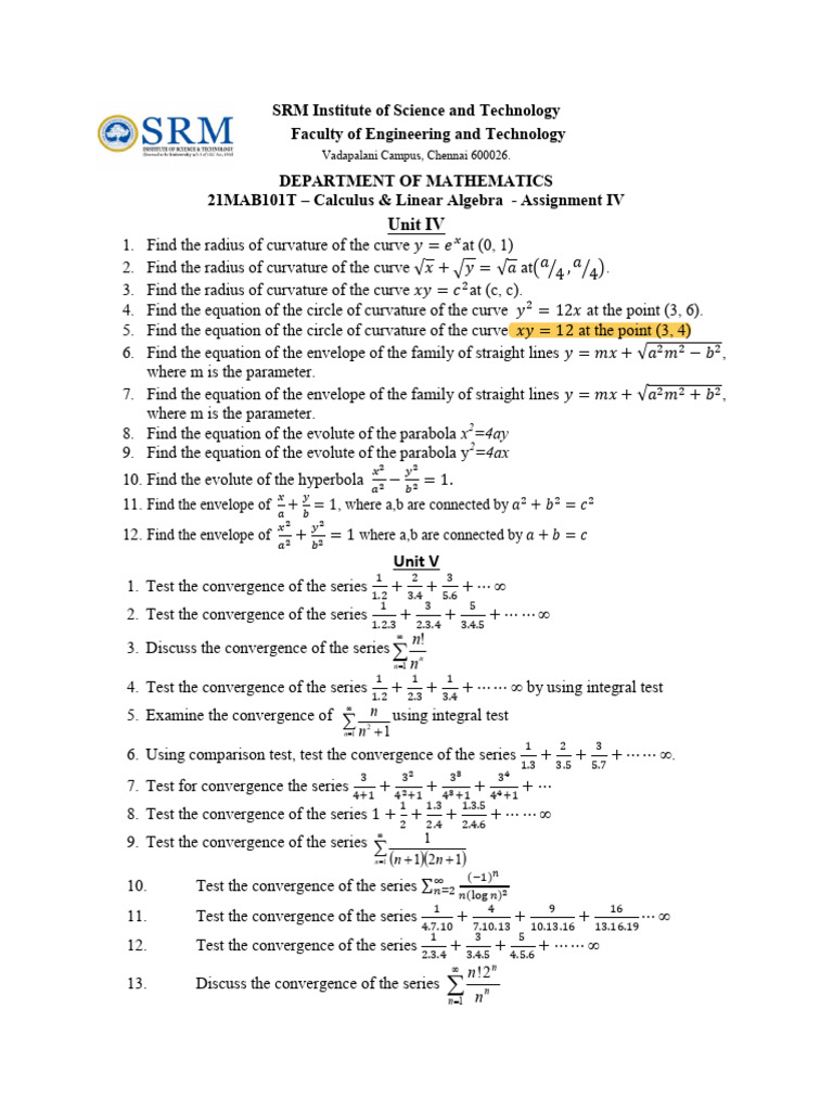 Assignment IV 21MAB101T Calculus and Linear Algebra | PDF | Equations ...