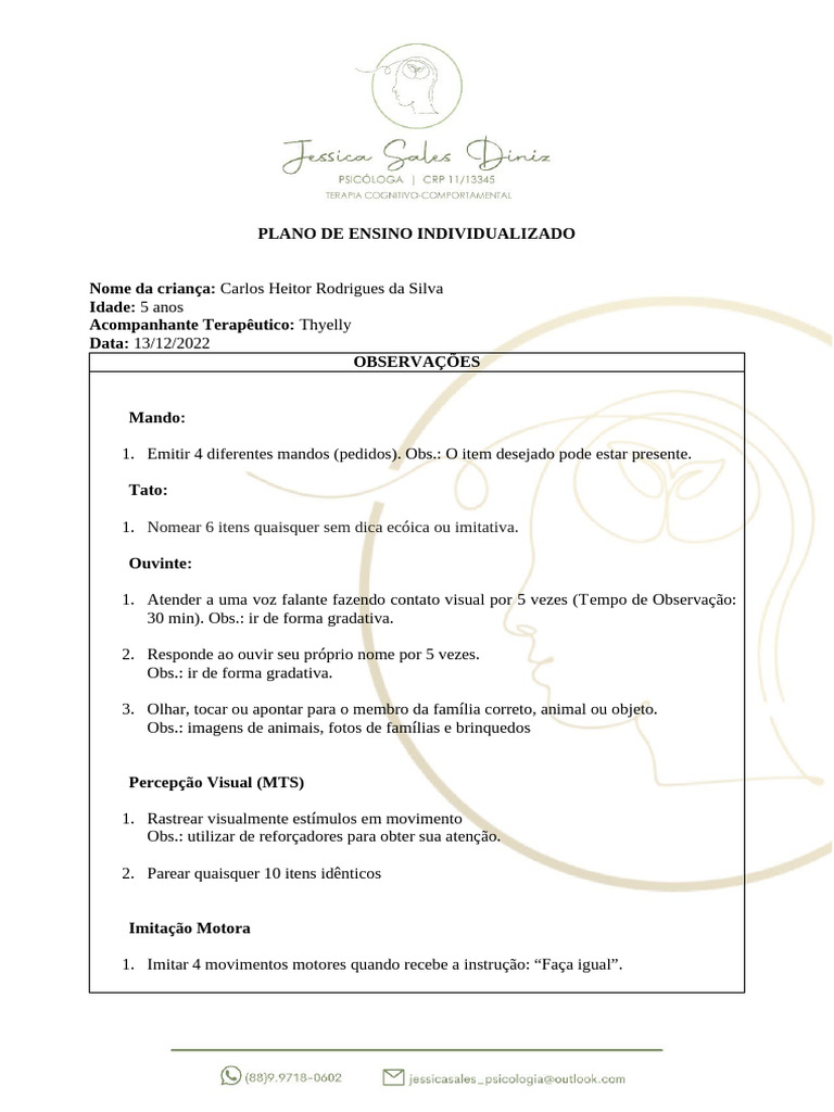 Plano de Ensino Individualizado - Carlos Heitor | PDF