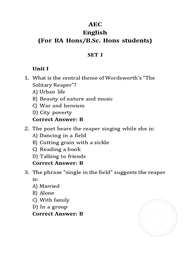 AEC English (For BA Hons/B.Sc. Hons Students) : Set I Unit I | PDF ...
