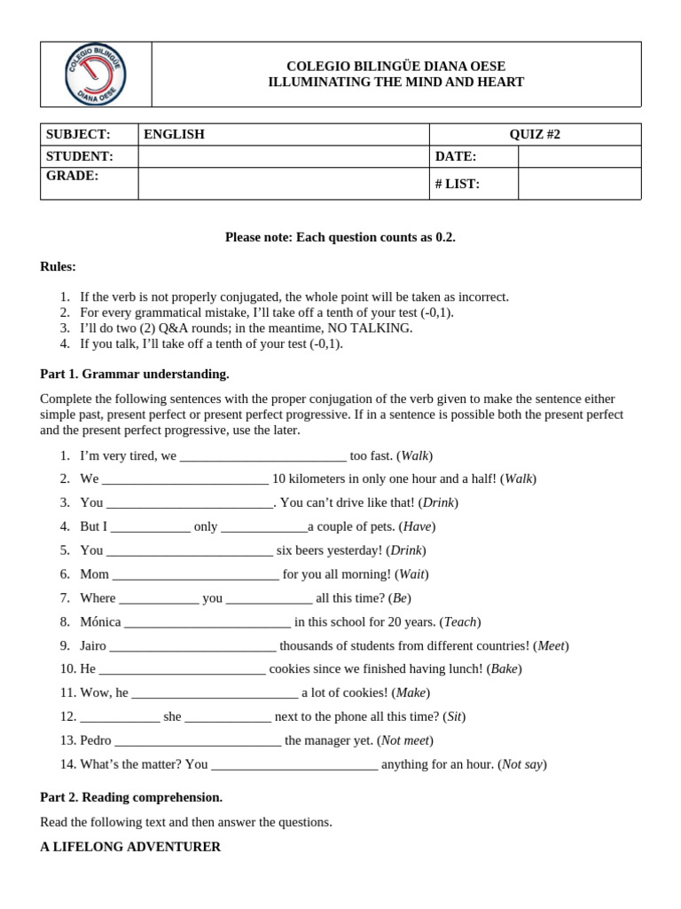 Quiz 3A - Present Perfect and Present Perfect Progressive | PDF