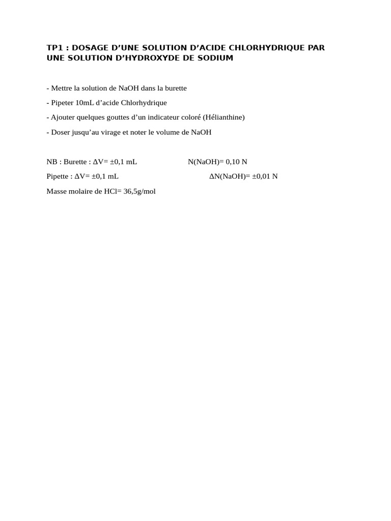 Tp1: Dosage D'Une Solution D'Acide Chlorhydrique Par Une Solution D ...
