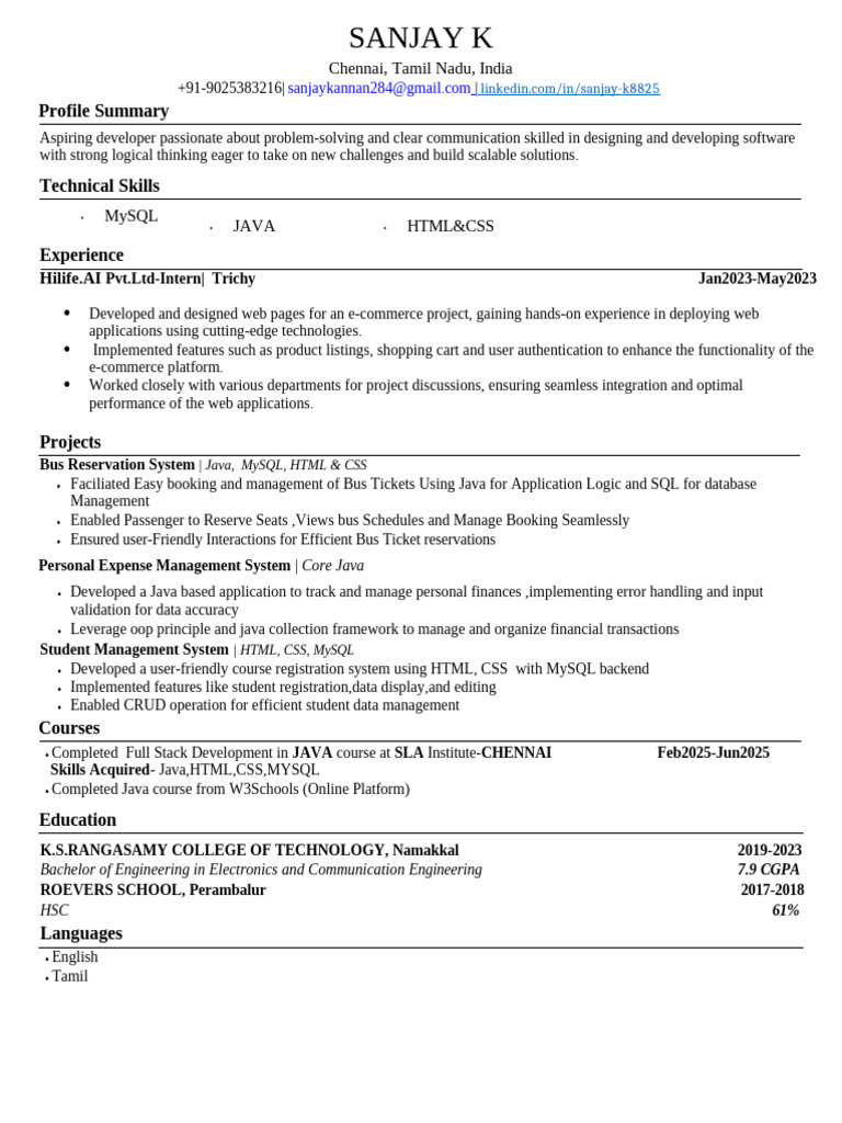 Sanjay K-Resume .2025 1 | PDF | My Sql | Java (Programming Language)