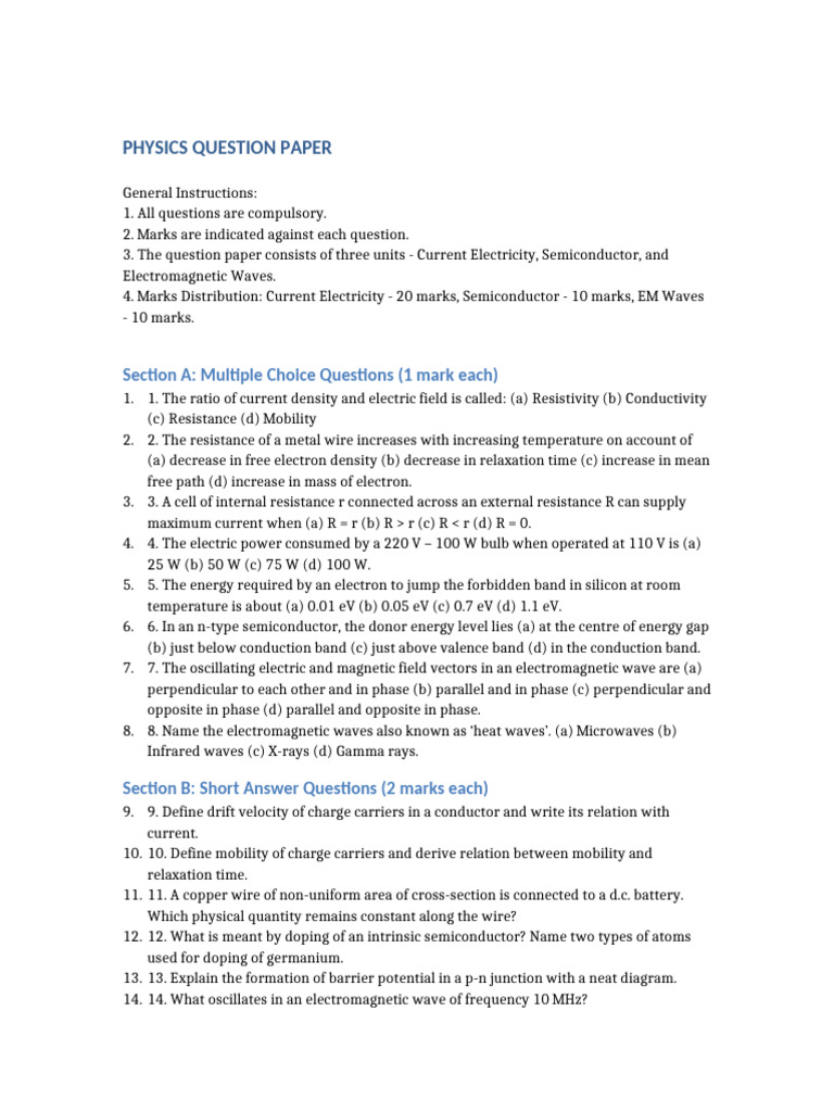 Physics Question Paper | PDF | Electrical Resistivity And Conductivity ...