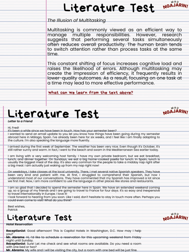 Homework WEEK 1 - Literature Test | PDF | Meal | Lunch