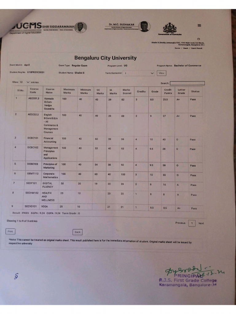 1st Sem Marksheet | PDF