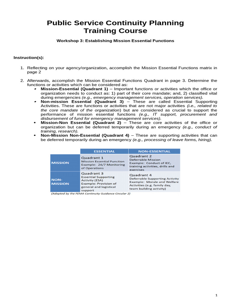 Workshop 3 Establishing Mission Essential Functions | PDF | Airport ...