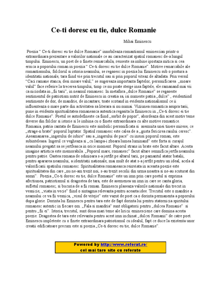 ce-ti doresc eu tie dulce romanie de M.Eminesc - rezumat