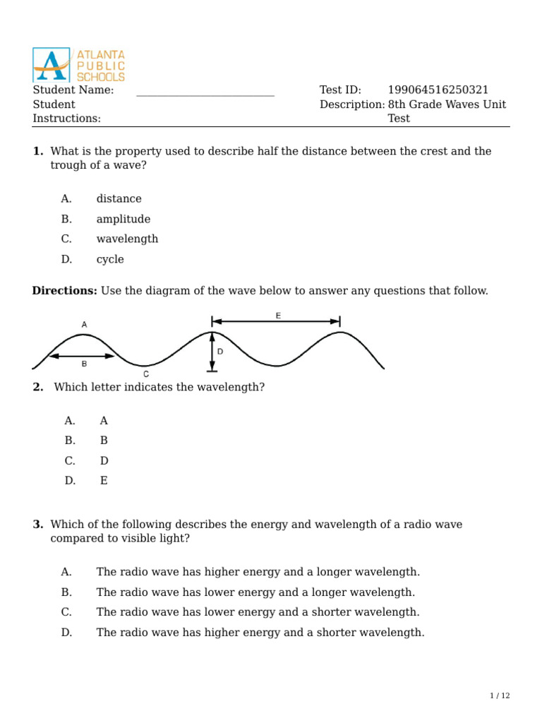 8th Grade Waves Unit Test | PDF | Light | Waves