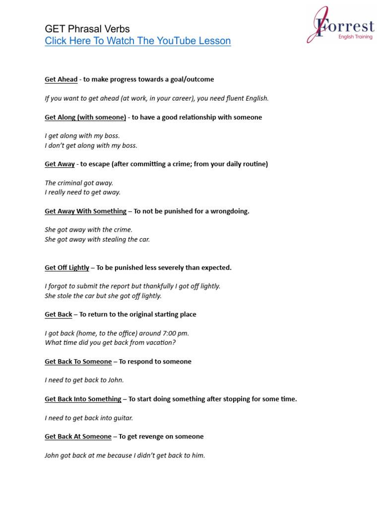 Phrasal Verbs With GET Free Lesson PDF by JForrest English | PDF ...
