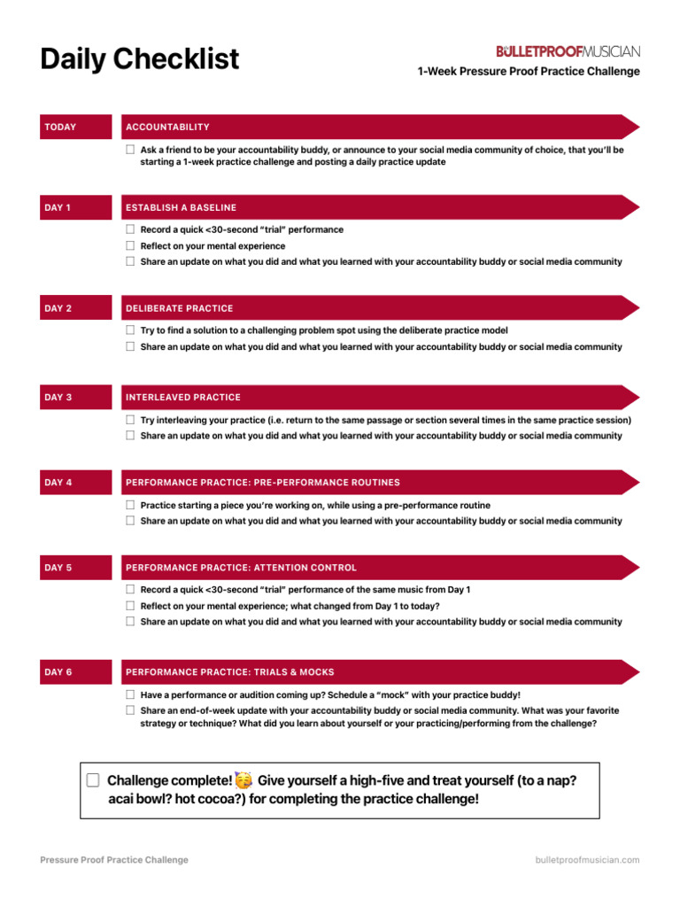Pressure Proof Practice Challenge Daily Checklist | PDF