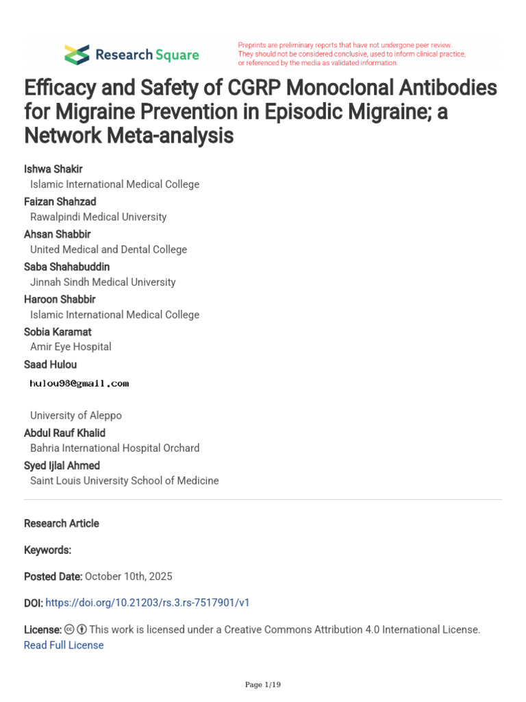 Efficacy and Safety of CGRP Monoclonal Antibodies | PDF | Migraine ...