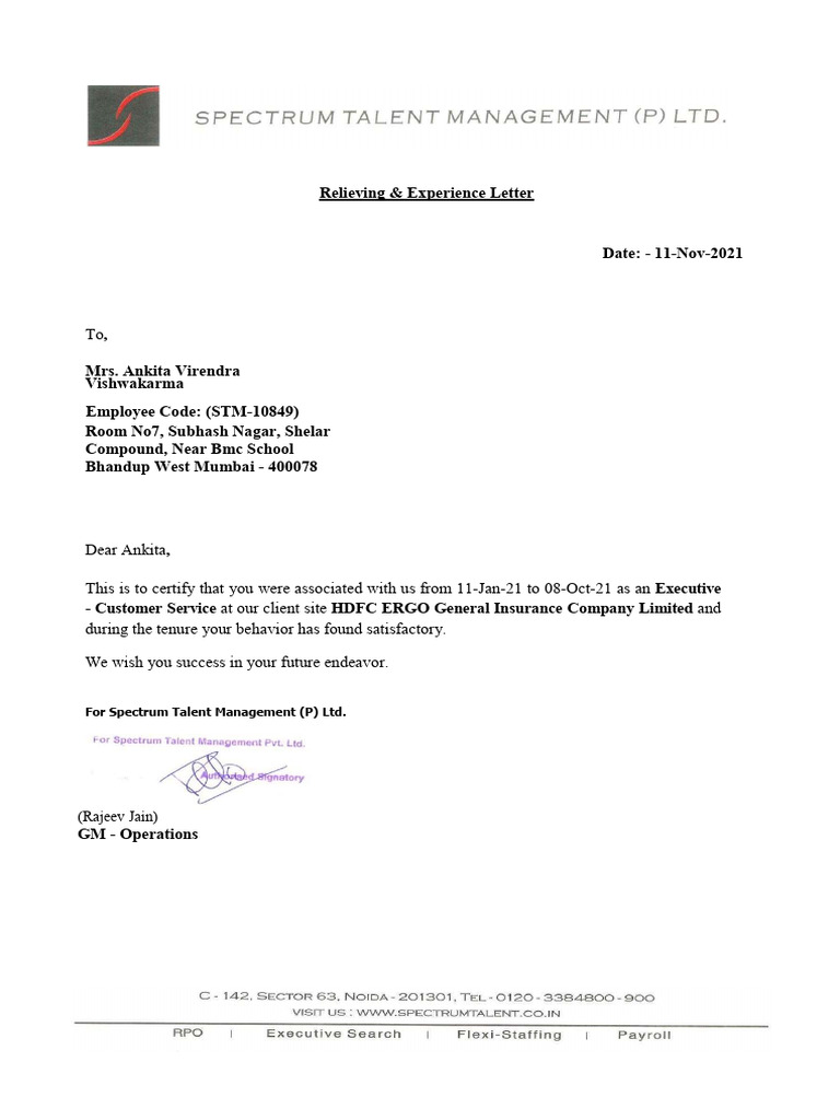 Hdfcergo Exp Letter (STM-10849) | PDF