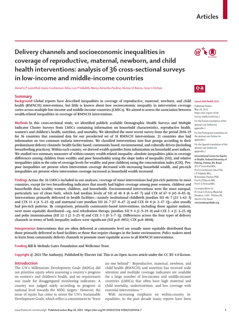 Delivery Channels and Socioeconomic Inequalities in Maternal ...