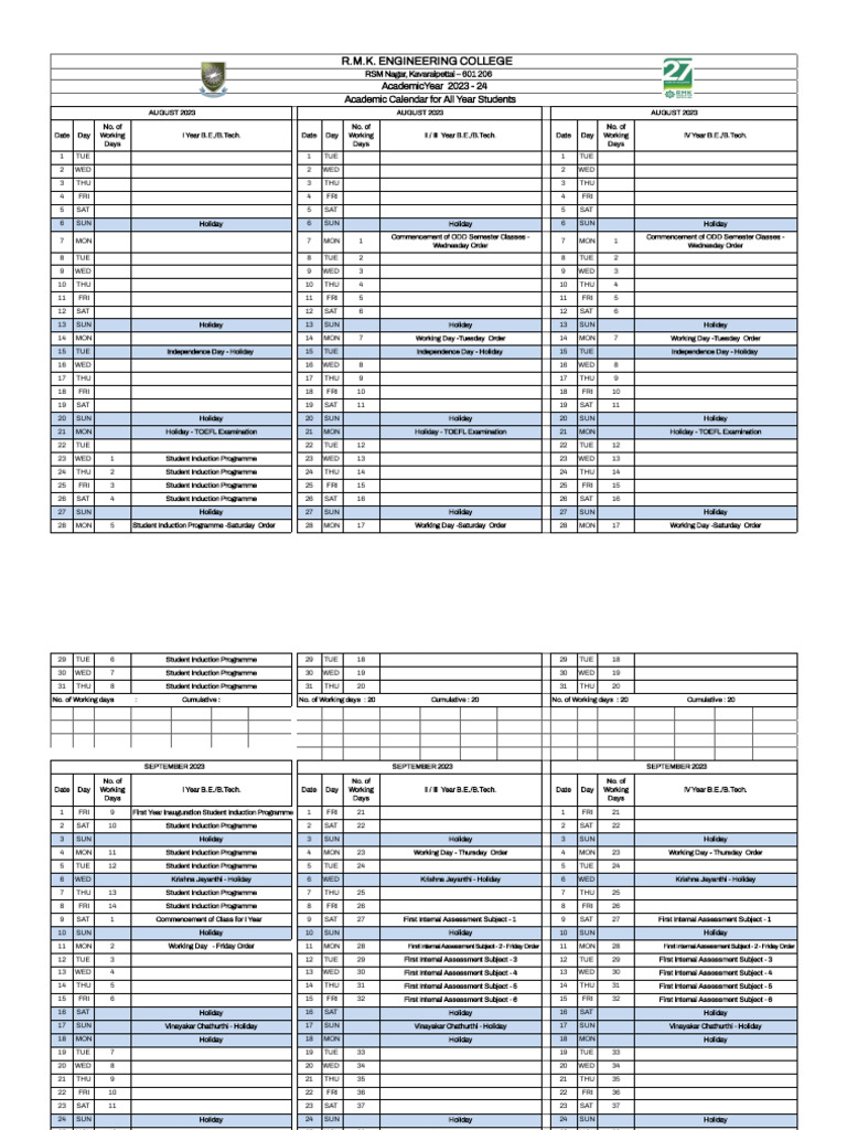Academic Calendar For I, II, III & IV Year - 2023 - 24 | PDF ...