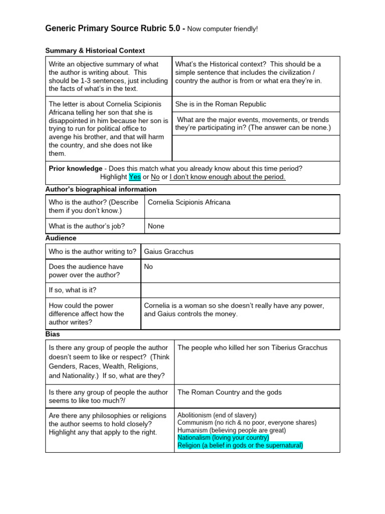 Generic Primary Source Rubric 5 | PDF | Cognition