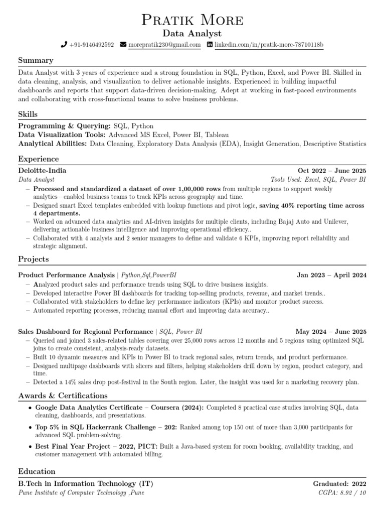 Pratik More: Data Analyst | PDF | Data Analysis | Data